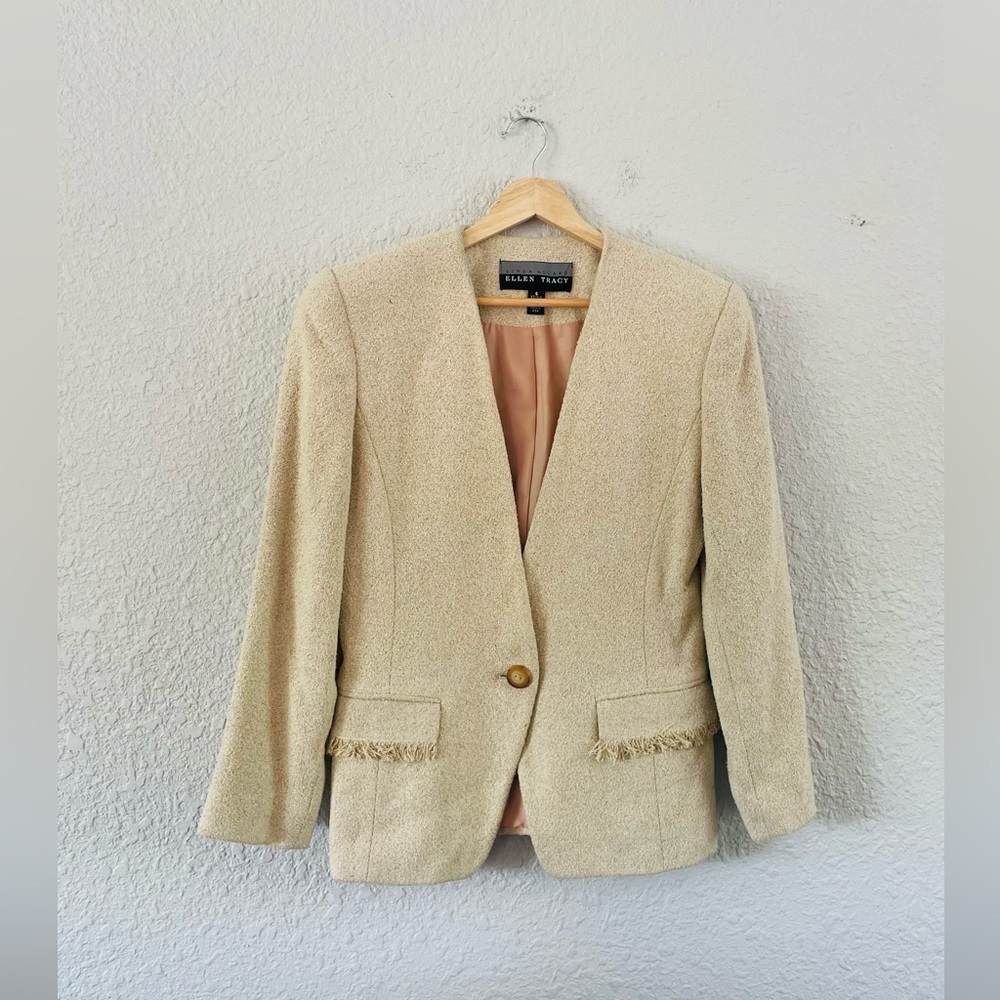 Vintage Ellen Tracy Fringe Pocket Cream Silk Wool Blend Blazer